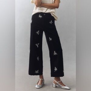 Maeve Anthropologie Black Velour Colette 3D Bouquets Crop Pants sz 31 Waist NWT